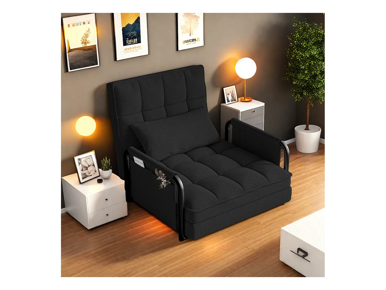 Divano letto regolabile in 5 posizioni in tessuto felpato nero, trasformabile in divano/letto con tasche laterali portaoggetti