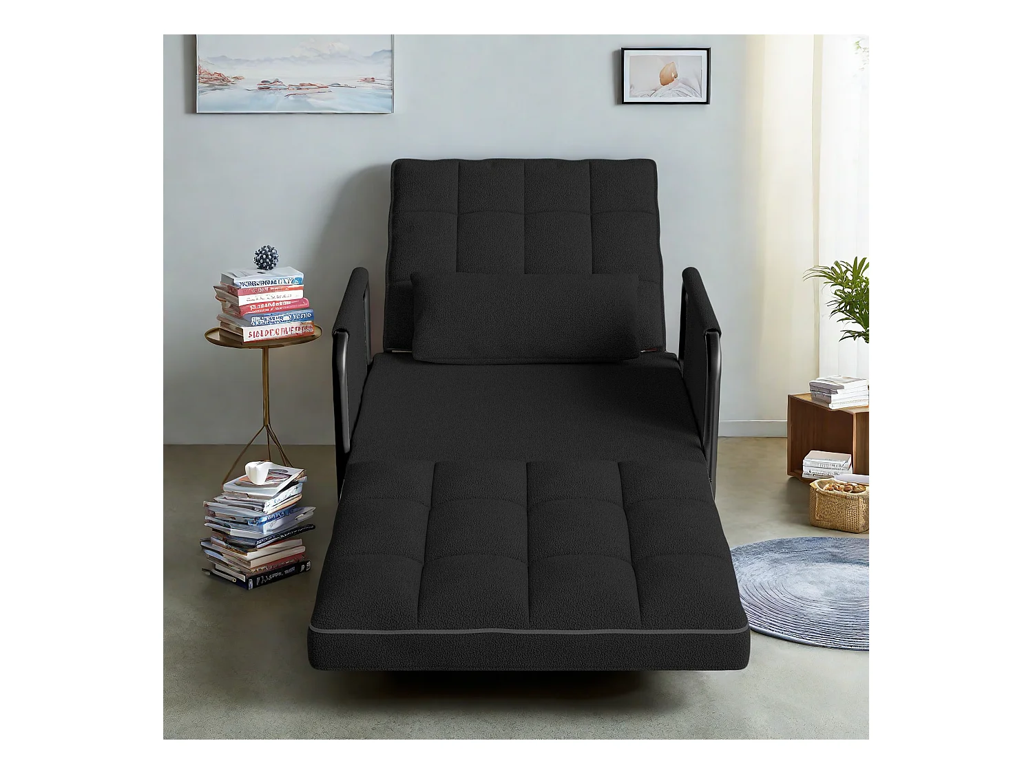 Divano letto regolabile in 5 posizioni in tessuto felpato nero, trasformabile in divano/letto con tasche laterali portaoggetti