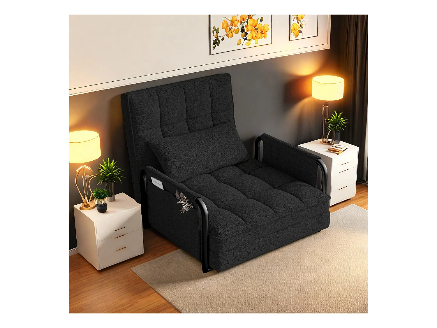 Divano letto regolabile in 5 posizioni in tessuto felpato nero, trasformabile in divano/letto con tasche laterali portaoggetti