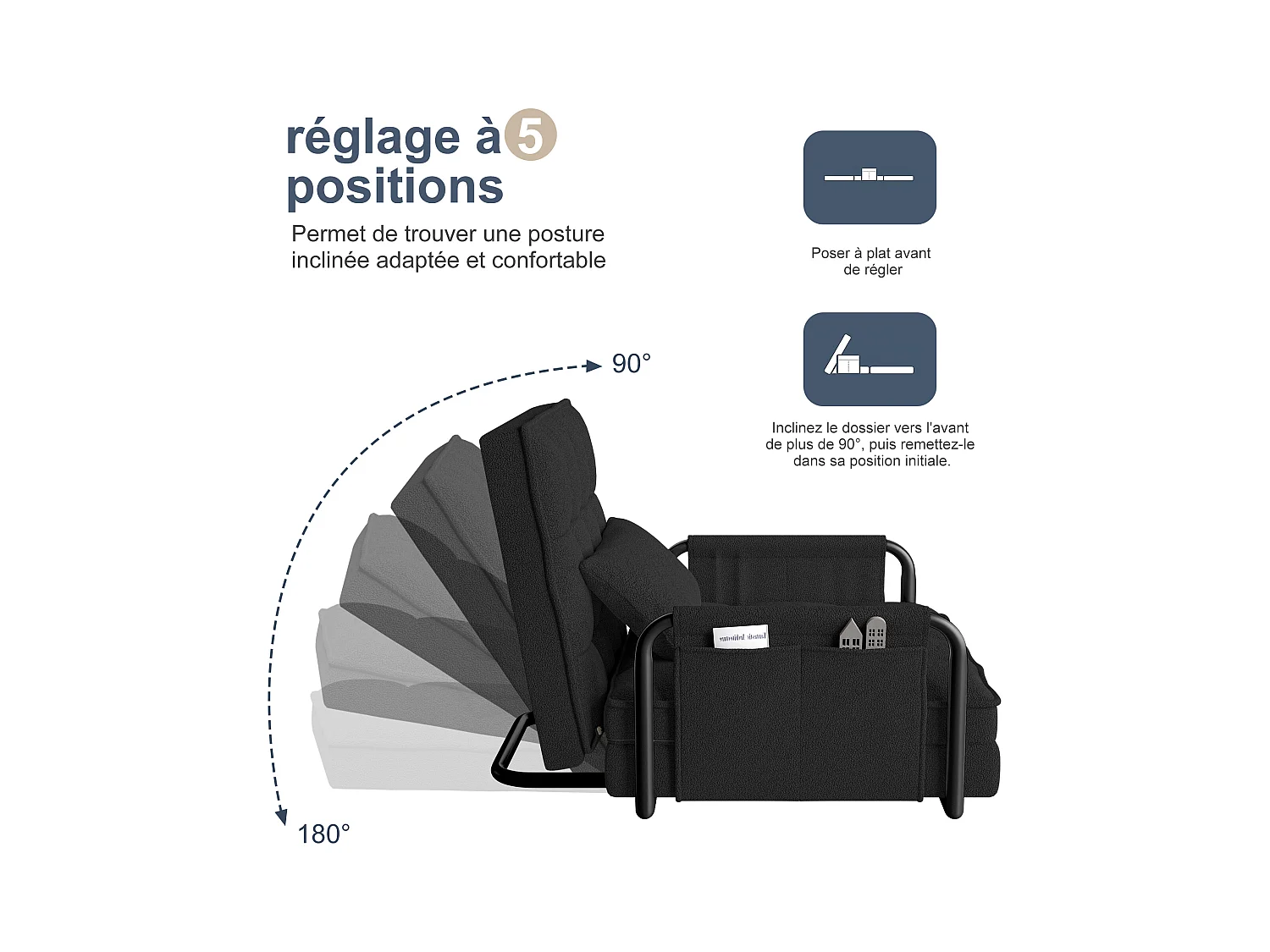 Divano letto regolabile in 5 posizioni in tessuto felpato nero, trasformabile in divano/letto con tasche laterali portaoggetti