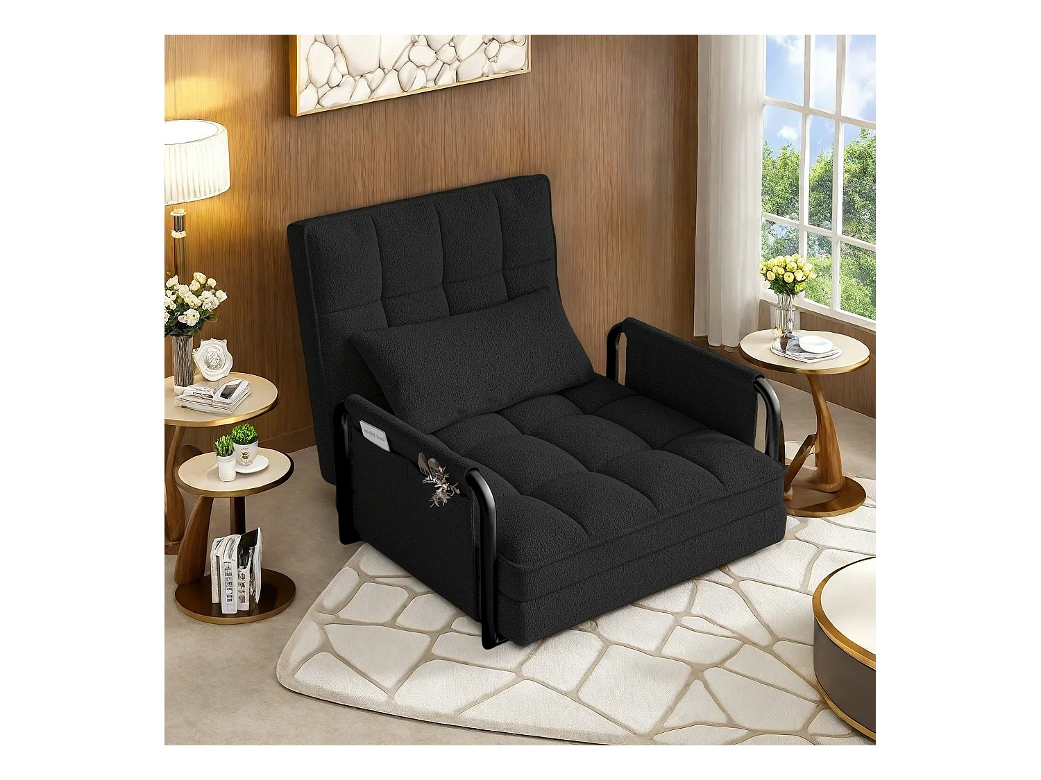 Divano letto regolabile in 5 posizioni in tessuto felpato nero, trasformabile in divano/letto con tasche laterali portaoggetti