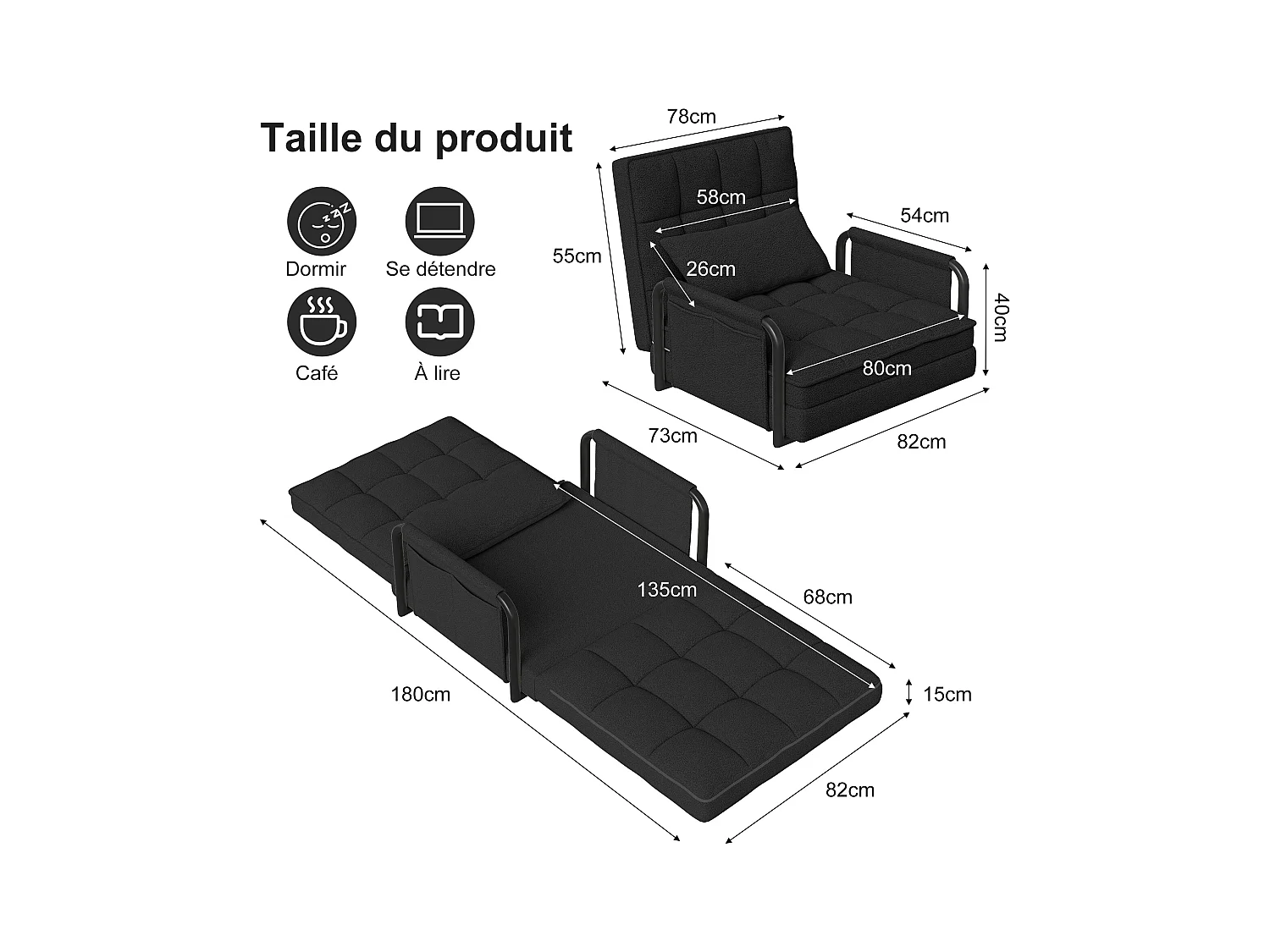 Canapé-lit réglable 5 positions en tissu peluche noir, convertible sofa/bed avec poches de rangement latérales