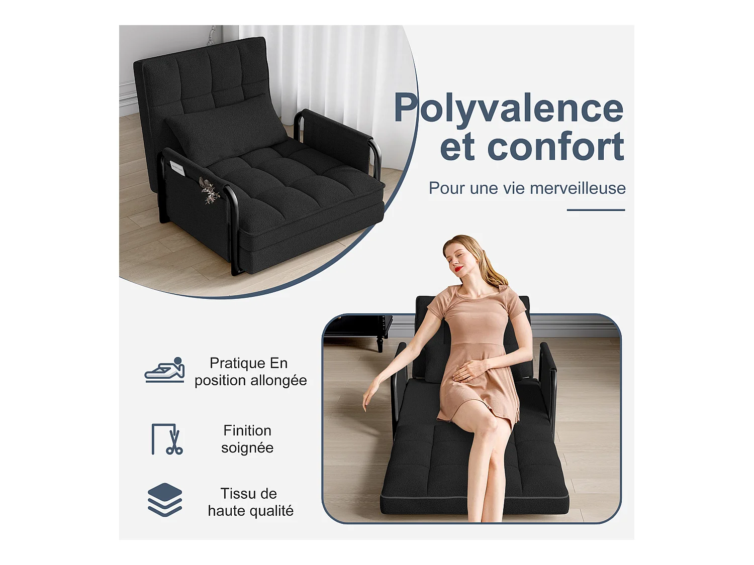 Canapé-lit réglable 5 positions en tissu peluche noir, convertible sofa/bed avec poches de rangement latérales