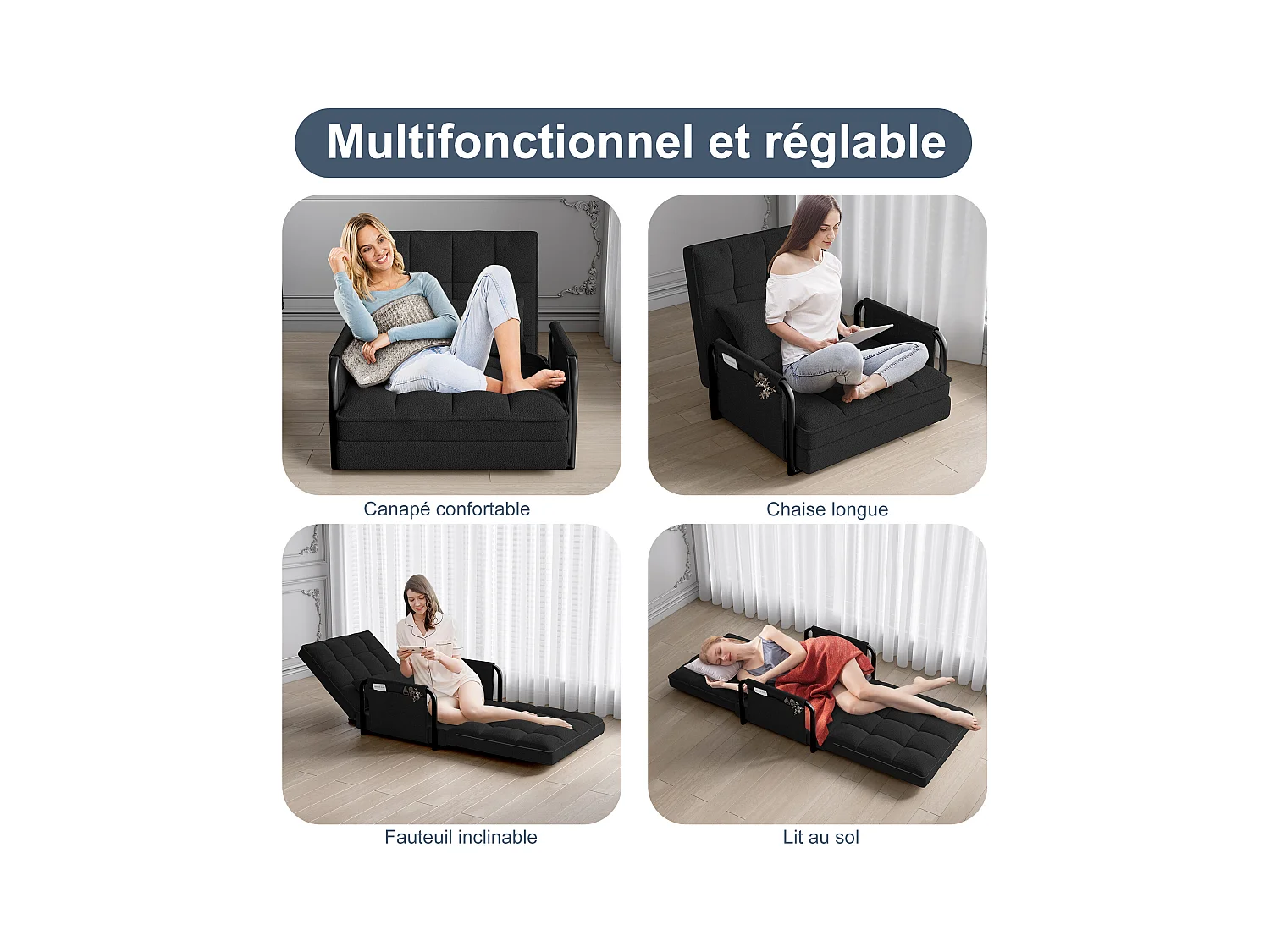 Canapé-lit réglable 5 positions en tissu peluche noir, convertible sofa/bed avec poches de rangement latérales