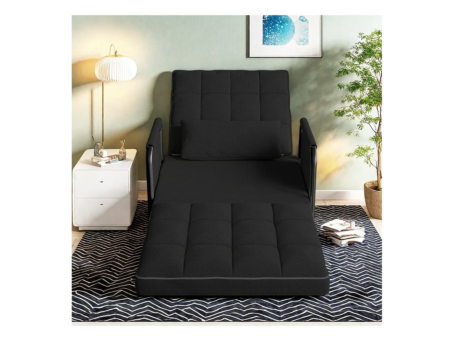 Canapé-lit réglable 5 positions en tissu peluche noir, convertible sofa/bed avec poches de rangement latérales