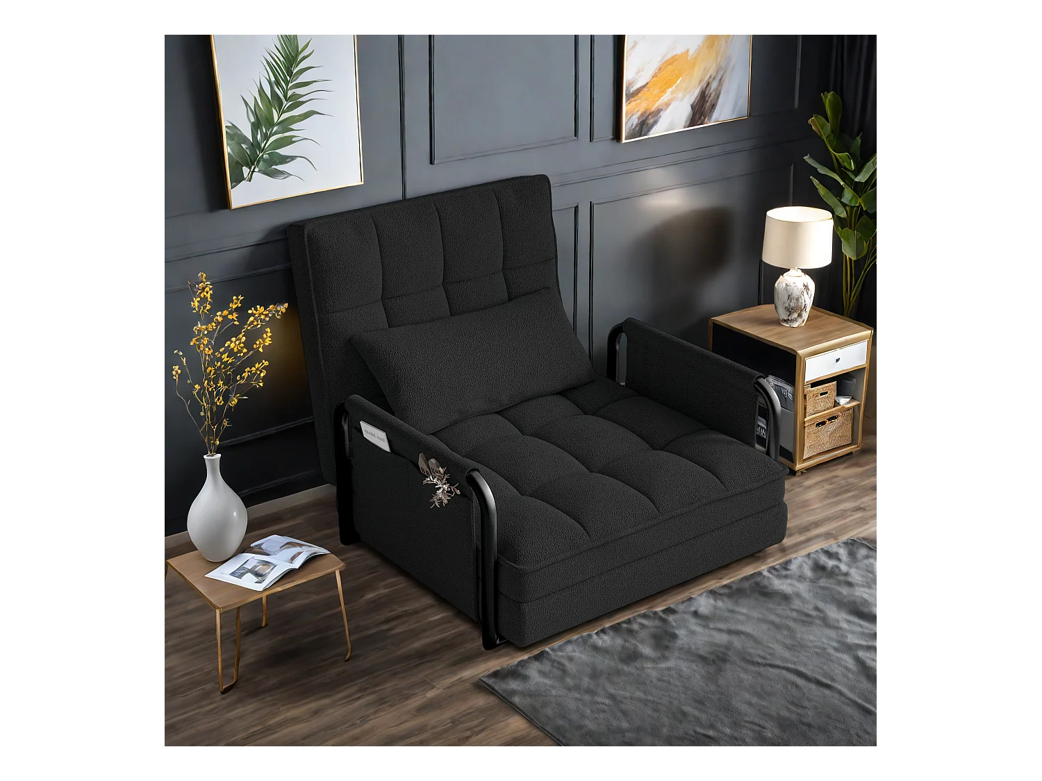 Canapé-lit réglable 5 positions en tissu peluche noir, convertible sofa/bed avec poches de rangement latérales