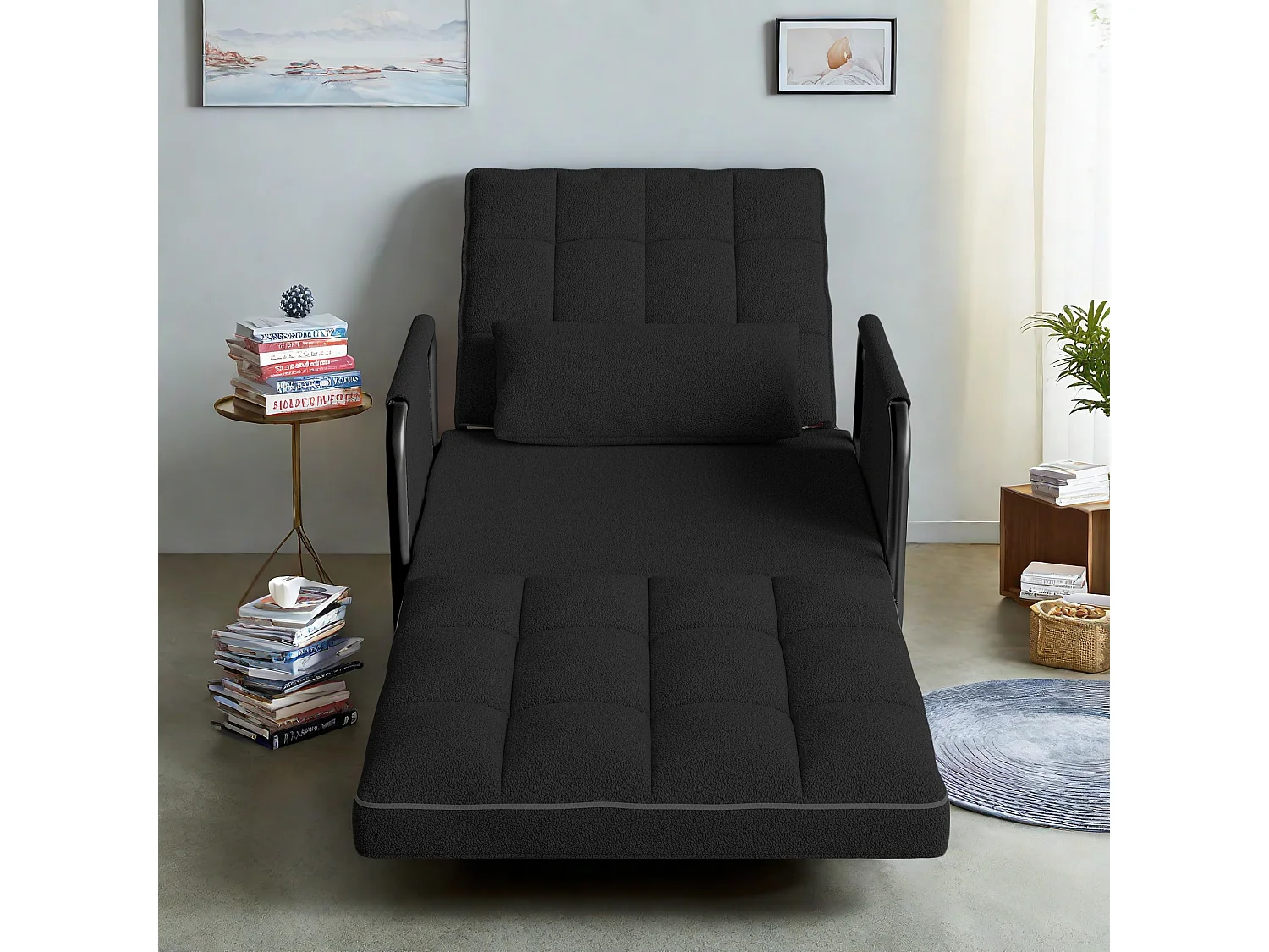 Canapé-lit réglable 5 positions en tissu peluche noir, convertible sofa/bed avec poches de rangement latérales