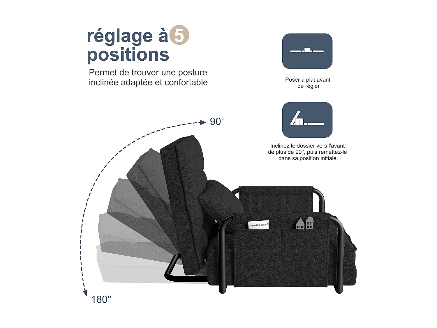 Canapé-lit réglable 5 positions en tissu peluche noir, convertible sofa/bed avec poches de rangement latérales