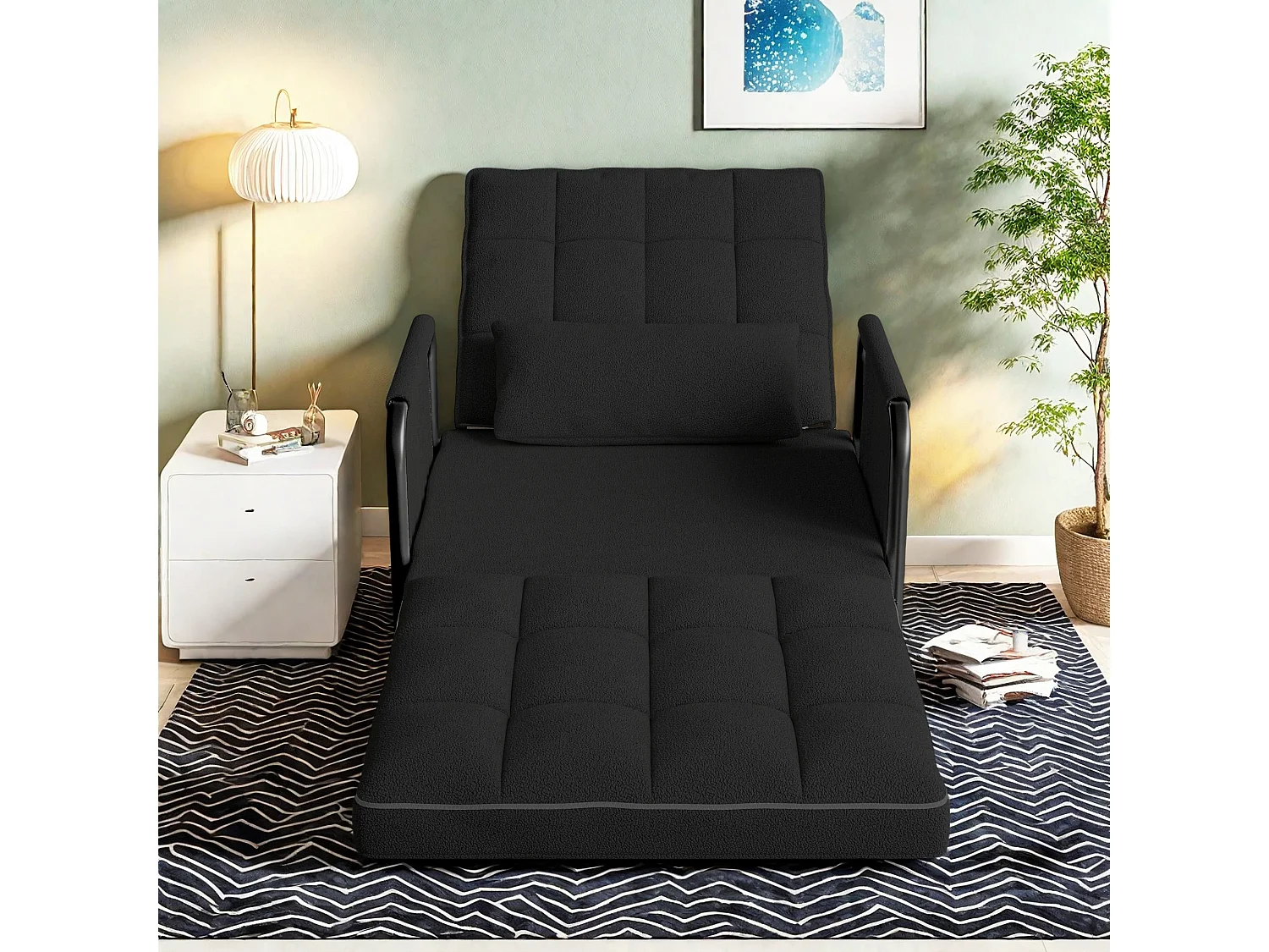 Canapé-lit réglable 5 positions en tissu peluche noir, convertible sofa/bed avec poches de rangement latérales