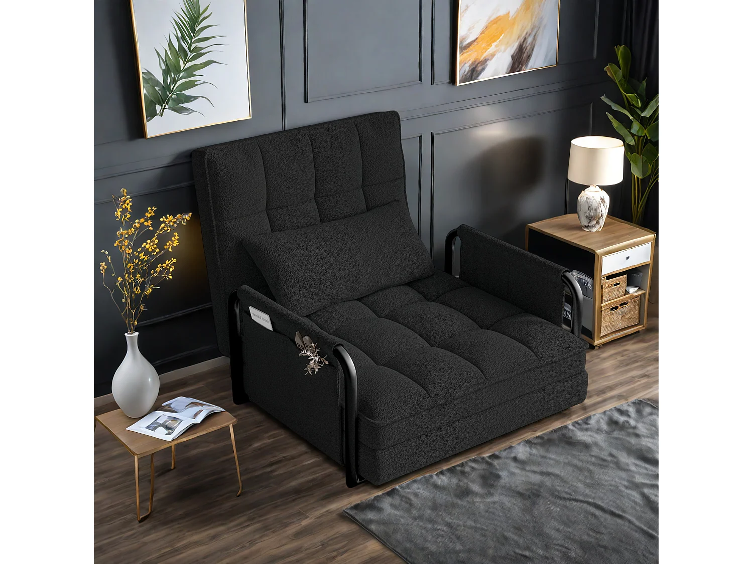 Canapé-lit réglable 5 positions en tissu peluche noir, convertible sofa/bed avec poches de rangement latérales