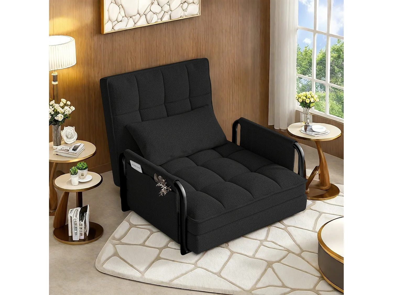 Canapé-lit réglable 5 positions en tissu peluche noir, convertible sofa/bed avec poches de rangement latérales