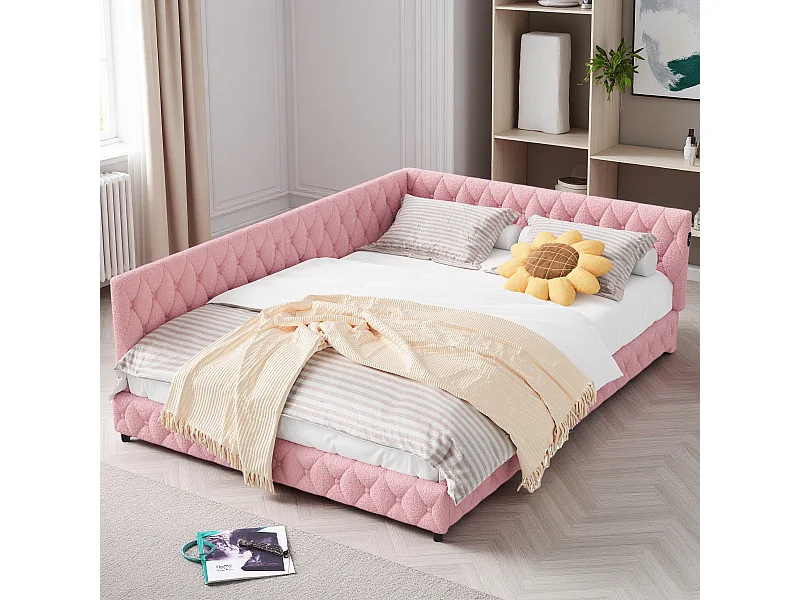Lit 140x200 cm en tissu doudou rose avec éclairage LED périphérique et ports USB intégrés, design moderne et cosy