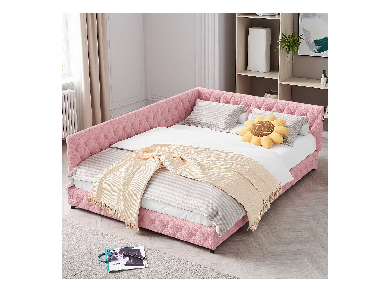 Lit 140x200 cm en tissu doudou rose avec éclairage LED périphérique et ports USB intégrés, design moderne et cosy