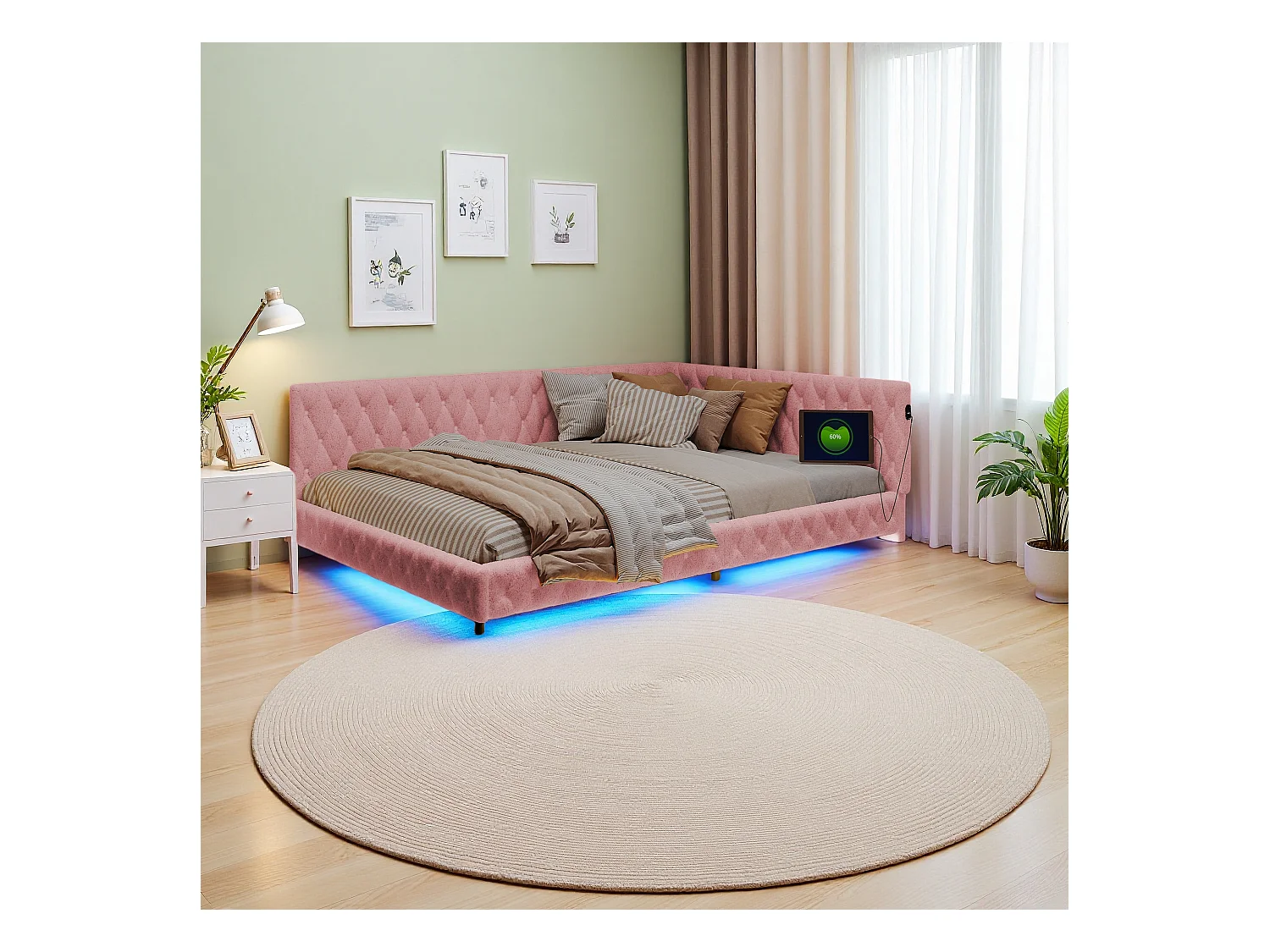 Lit 140x200 cm en tissu doudou rose avec éclairage LED périphérique et ports USB intégrés, design moderne et cosy