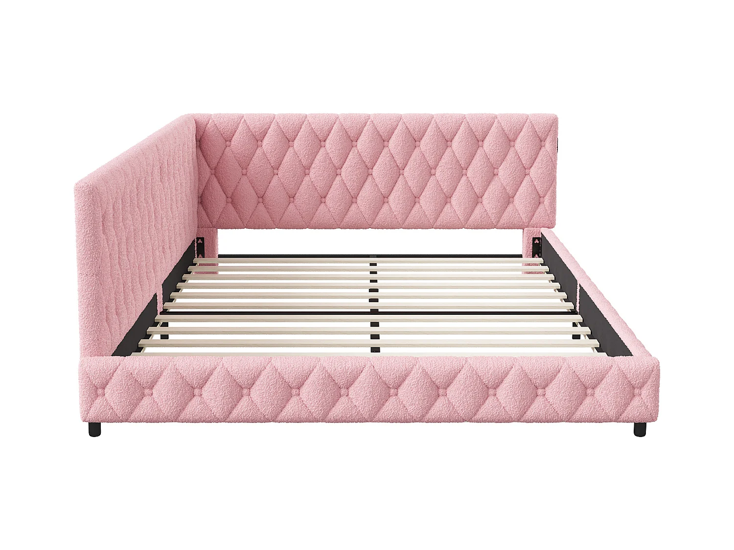 Lit 140x200 cm en tissu doudou rose avec éclairage LED périphérique et ports USB intégrés, design moderne et cosy