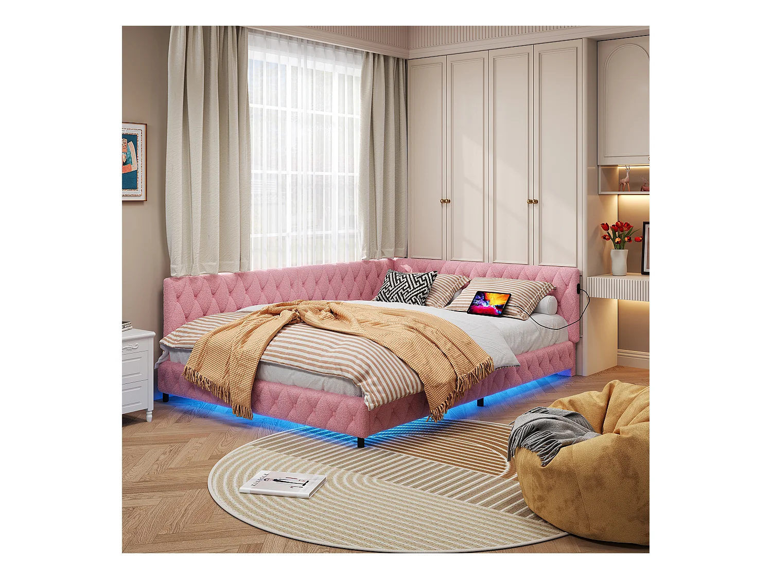 Lit 140x200 cm en tissu doudou rose avec éclairage LED périphérique et ports USB intégrés, design moderne et cosy