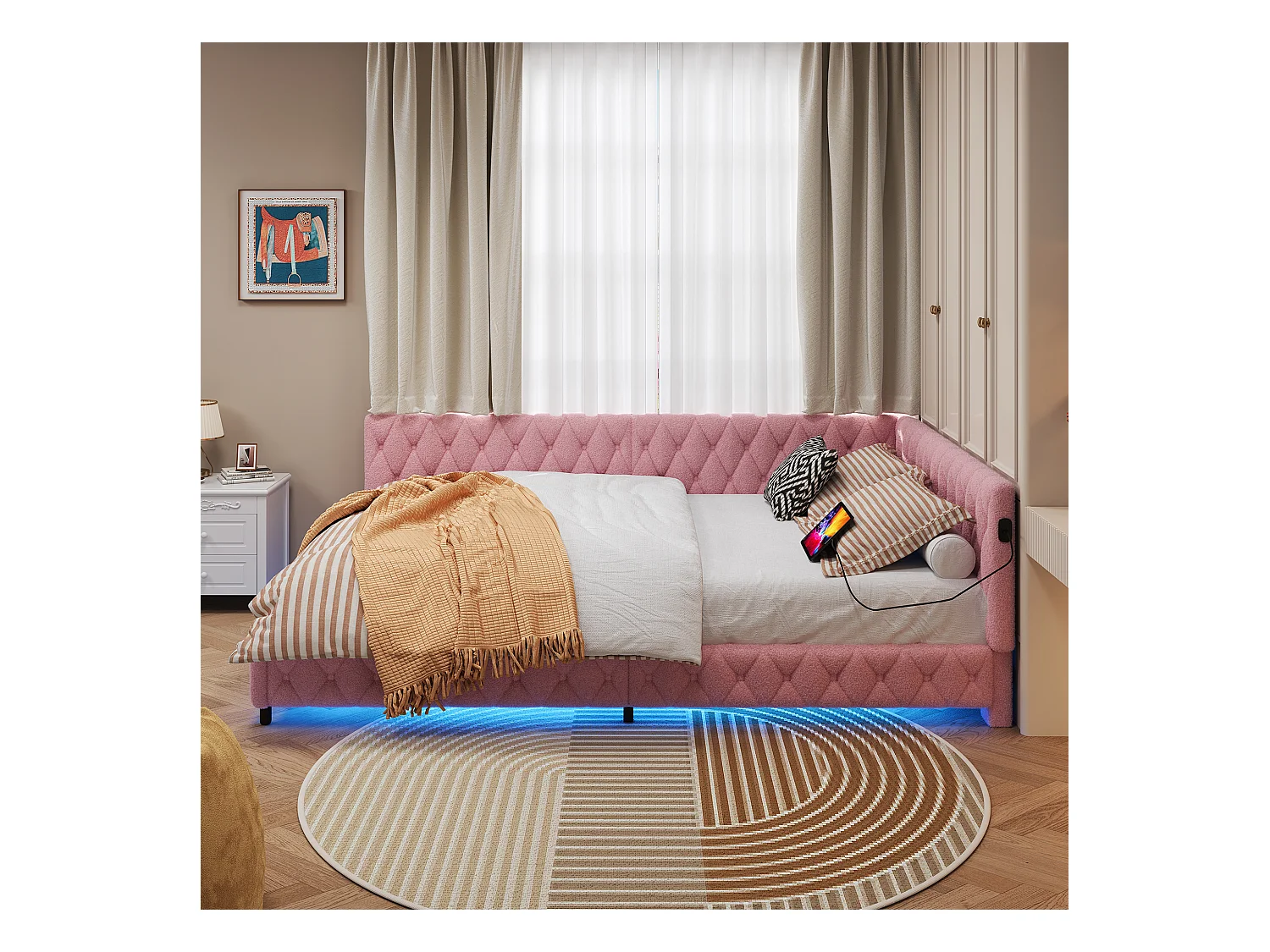 Lit 140x200 cm en tissu doudou rose avec éclairage LED périphérique et ports USB intégrés, design moderne et cosy