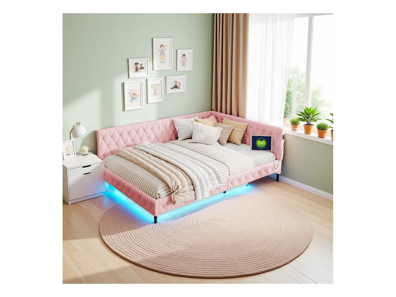 Lit 140x200 cm en tissu doudou rose avec éclairage LED périphérique et ports USB intégrés, design moderne et cosy