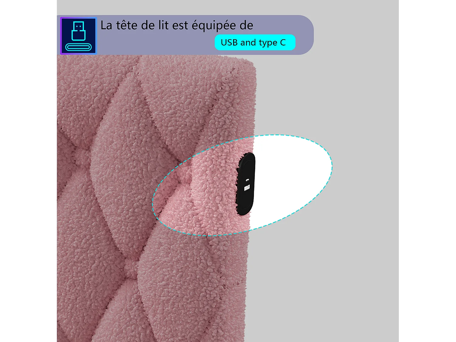 Lit 140x200 cm en tissu doudou rose avec éclairage LED périphérique et ports USB intégrés, design moderne et cosy