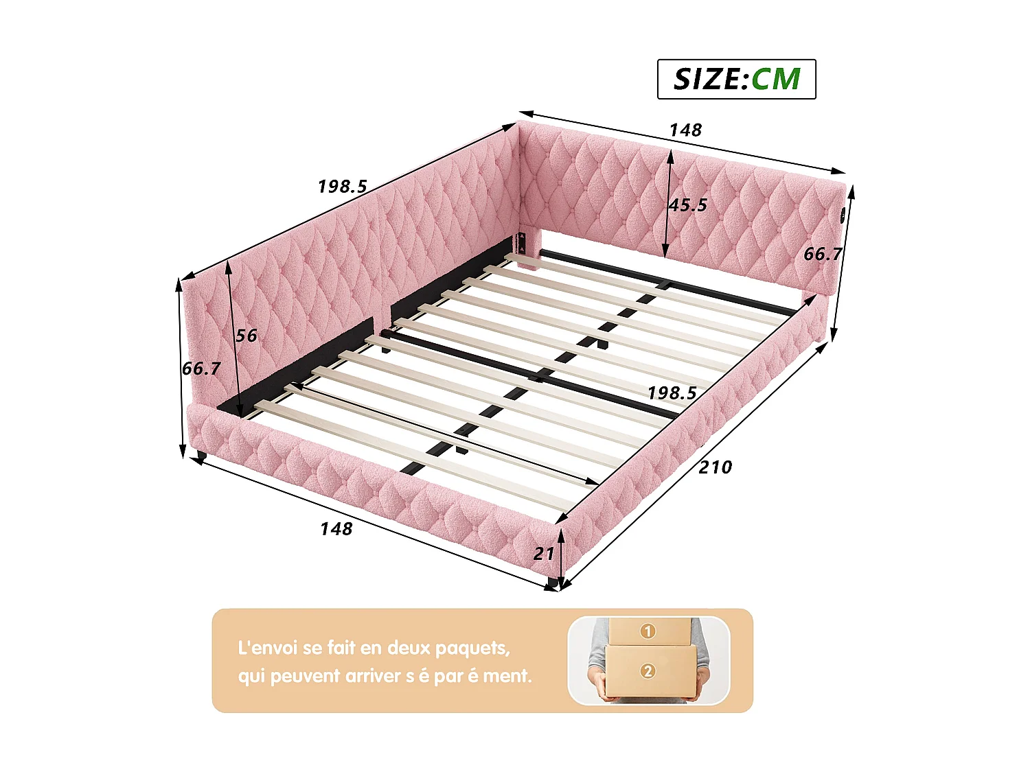 Lit 140x200 cm en tissu doudou rose avec éclairage LED périphérique et ports USB intégrés, design moderne et cosy