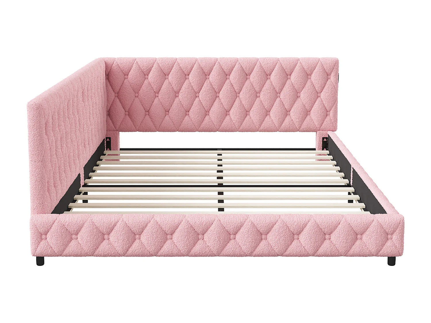 Lit 140x200 cm en tissu doudou rose avec éclairage LED périphérique et ports USB intégrés, design moderne et cosy