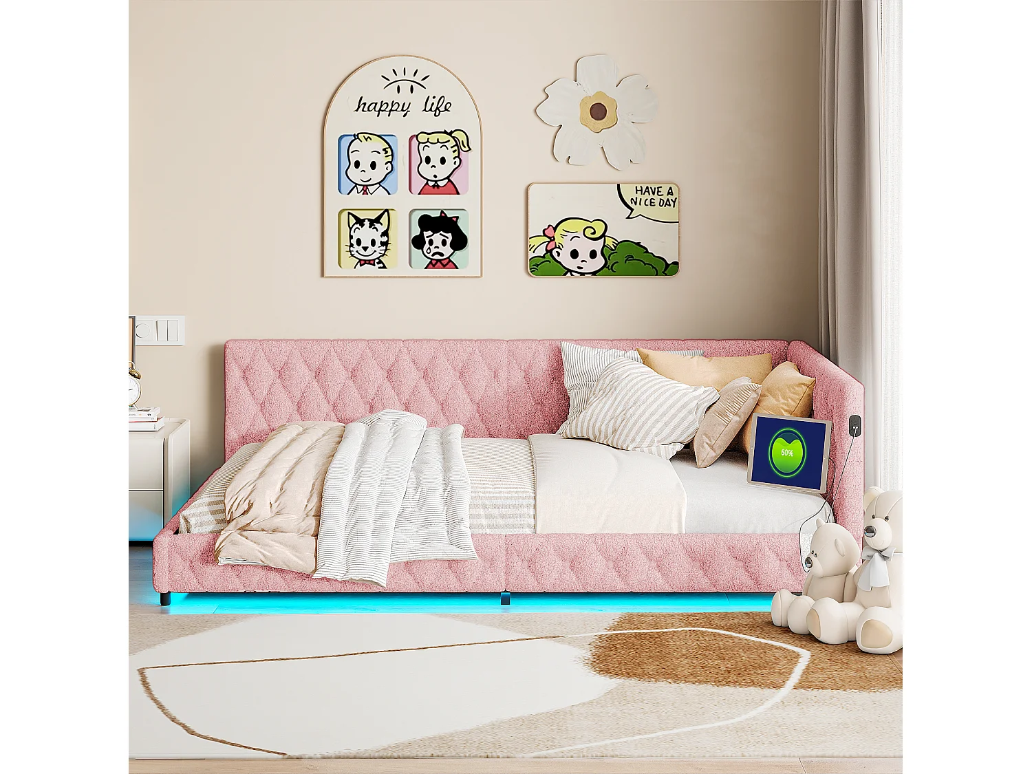 Lit 140x200 cm en tissu doudou rose avec éclairage LED périphérique et ports USB intégrés, design moderne et cosy