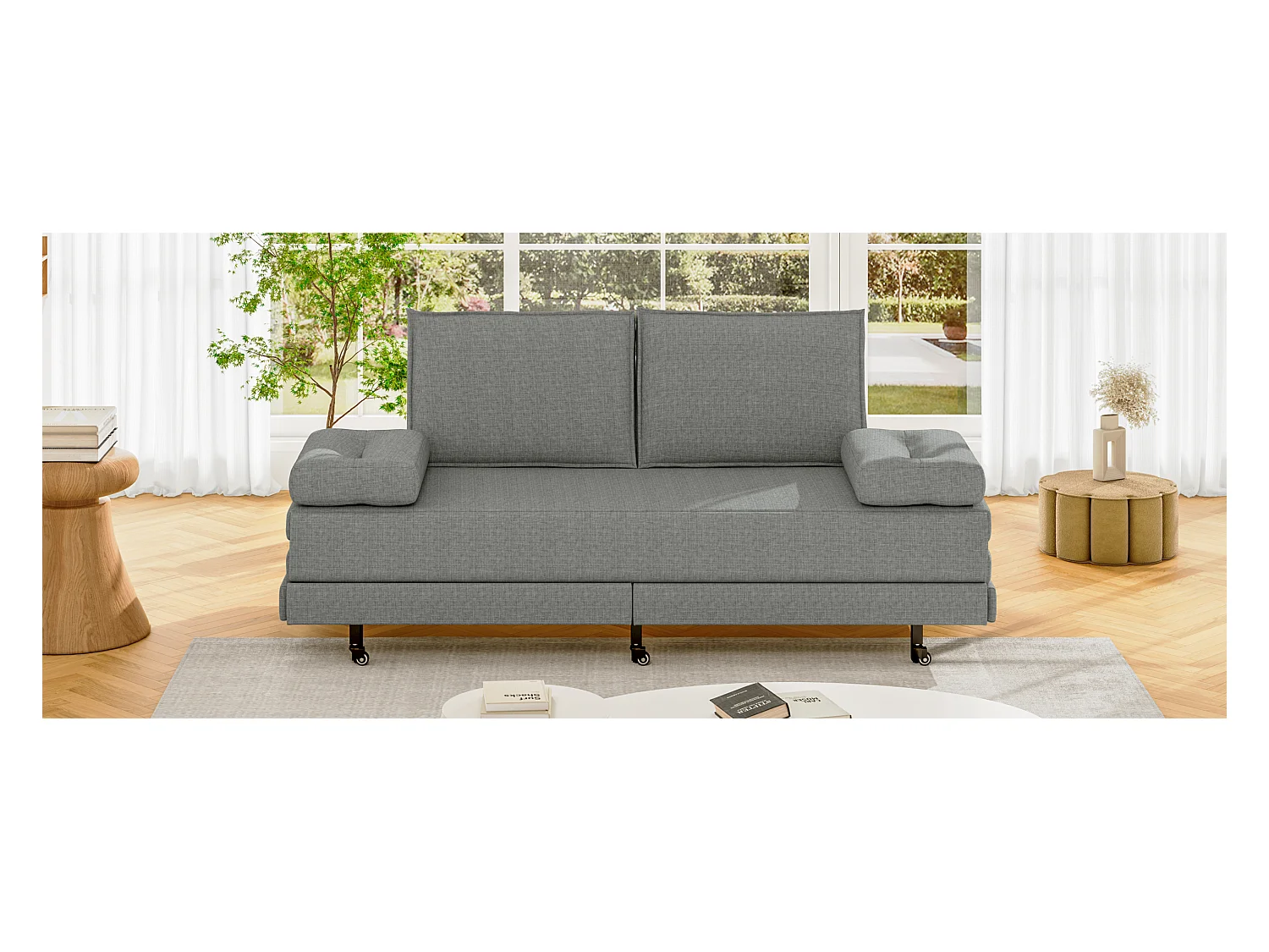 Grijze stoffen slaapbank 90x200 cm, uitschuifbaar tot 180x200 cm, opvouwbaar en praktisch om ruimte te besparen