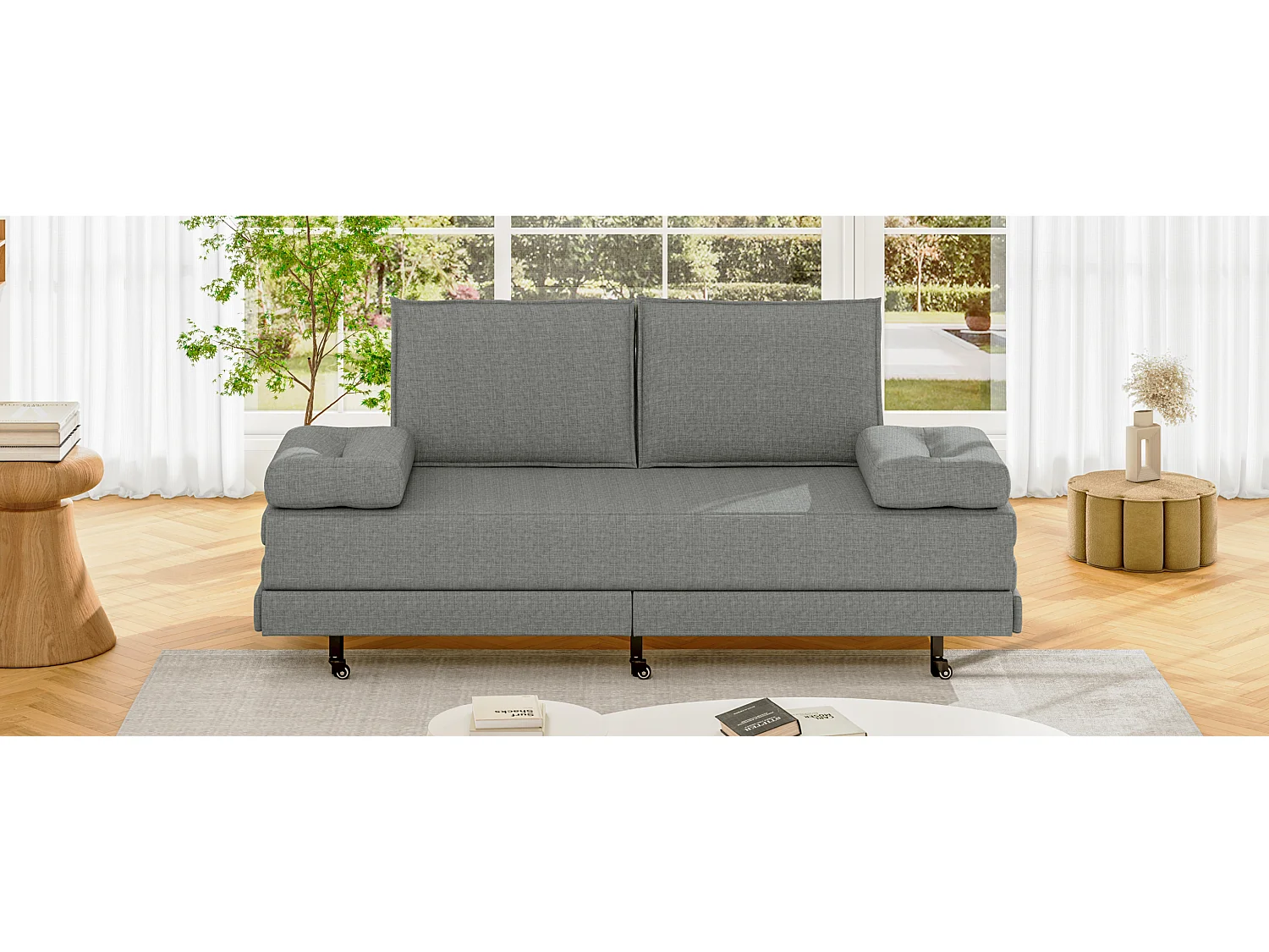 Canapé-lit en tissu gris 90x200 cm, extensible jusqu’à 180x200 cm, pliable et pratique pour gain de place