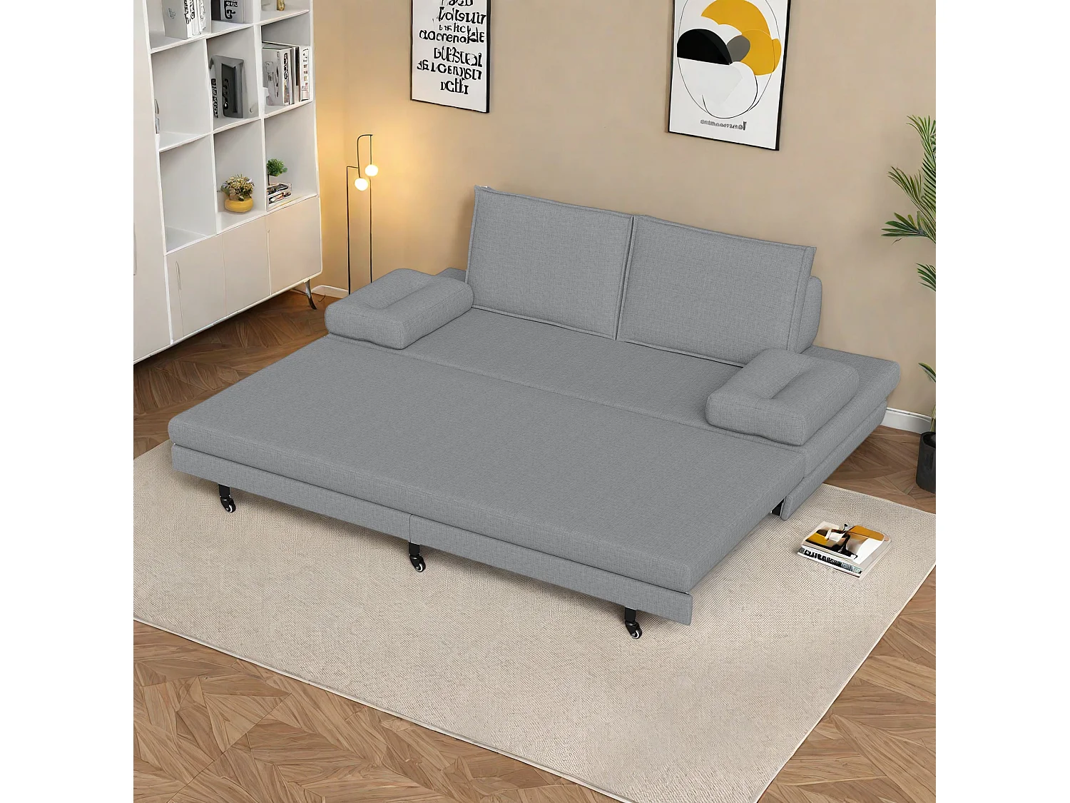 Canapé-lit en tissu gris 90x200 cm, extensible jusqu’à 180x200 cm, pliable et pratique pour gain de place
