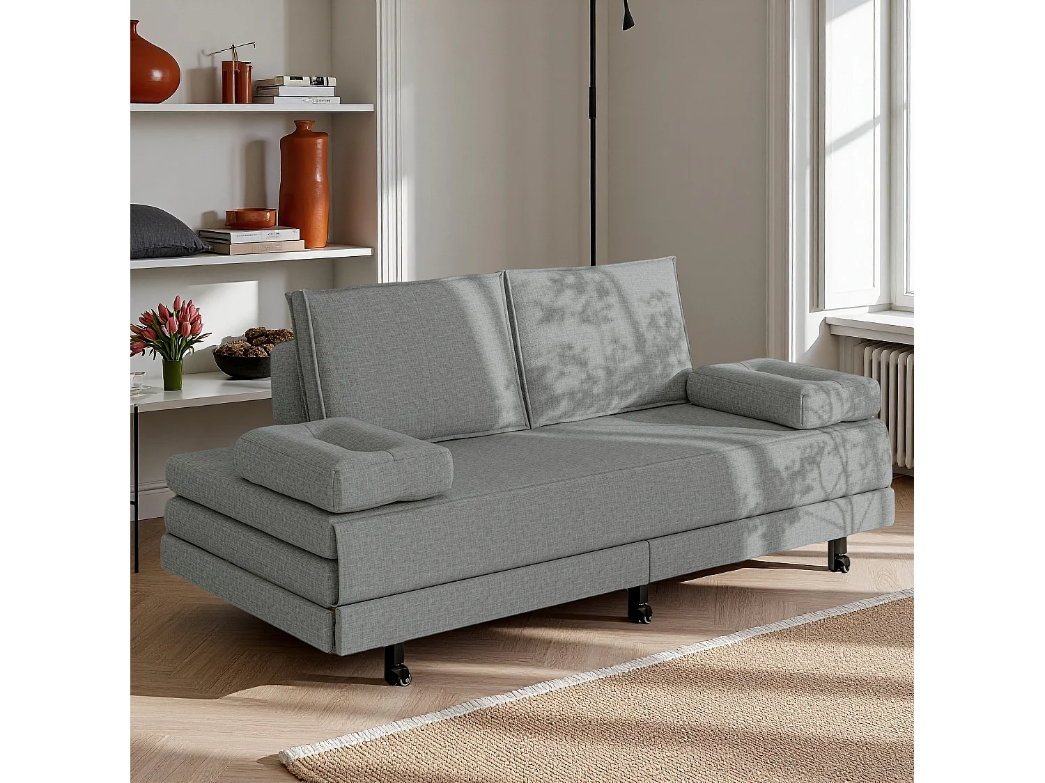 Canapé-lit en tissu gris 90x200 cm, extensible jusqu’à 180x200 cm, pliable et pratique pour gain de place