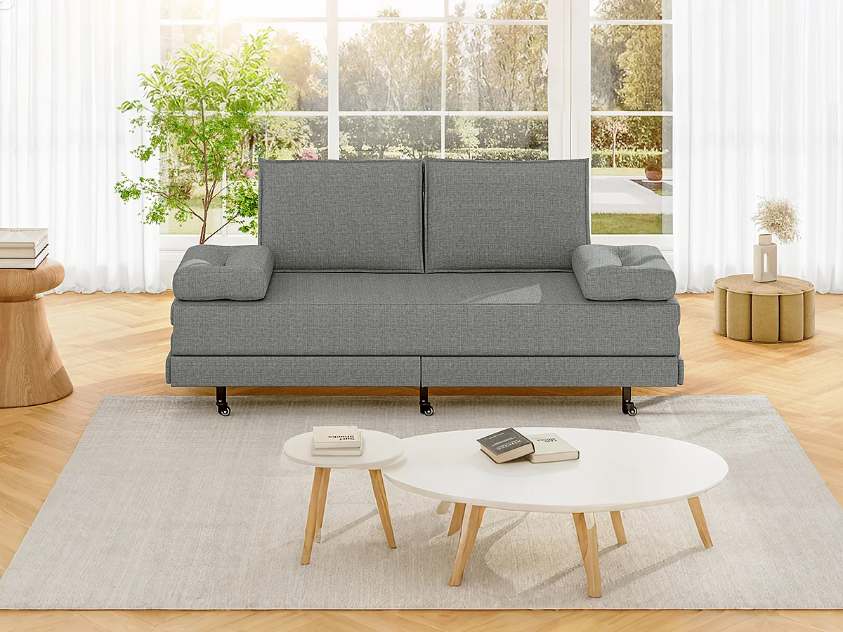Canapé-lit en tissu gris 90x200 cm, extensible jusqu’à 180x200 cm, pliable et pratique pour gain de place