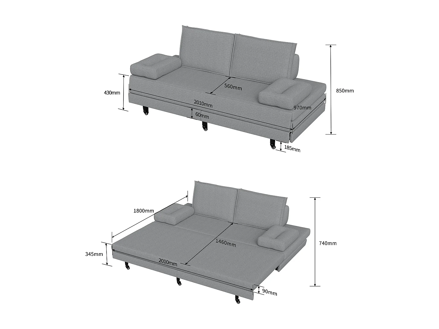 Canapé-lit en tissu gris 90x200 cm, extensible jusqu’à 180x200 cm, pliable et pratique pour gain de place