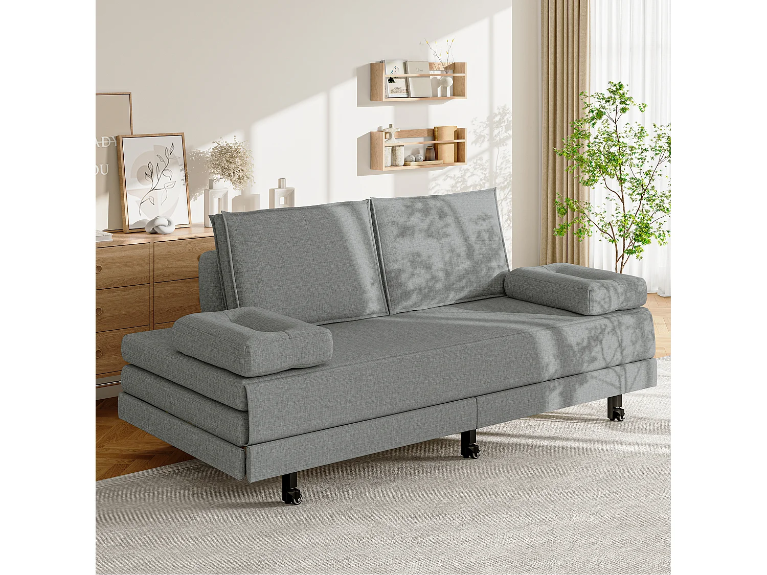 Canapé-lit en tissu gris 90x200 cm, extensible jusqu’à 180x200 cm, pliable et pratique pour gain de place