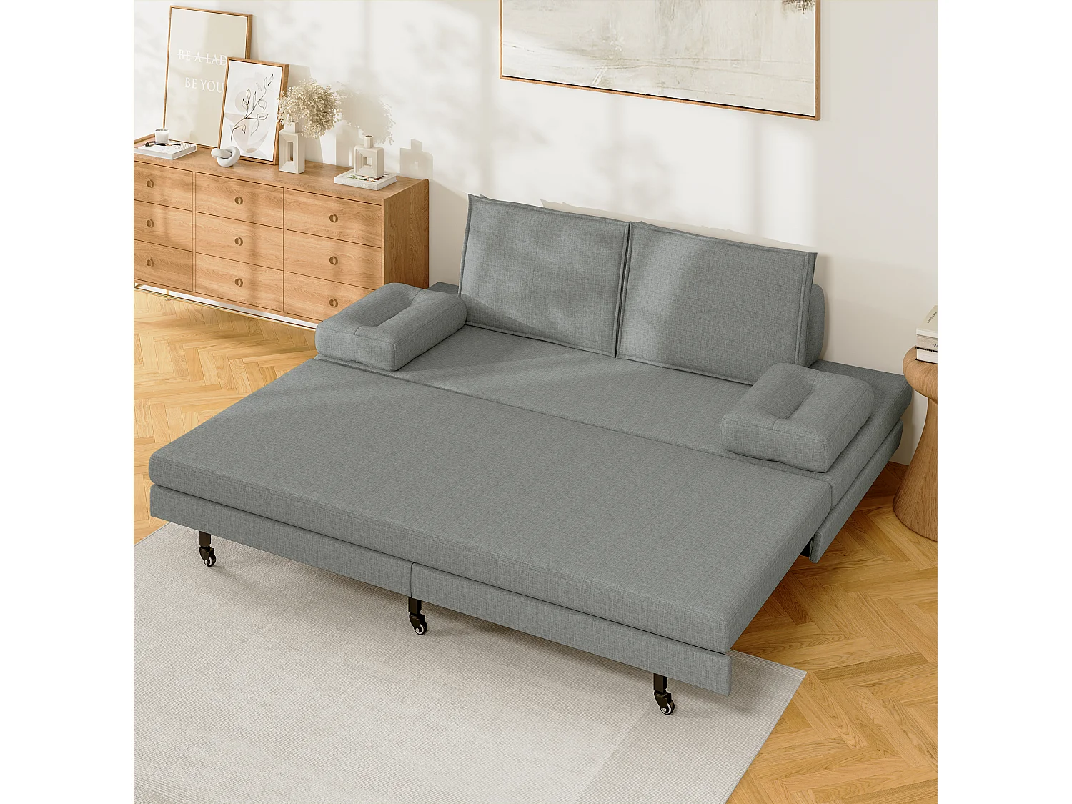 Canapé-lit en tissu gris 90x200 cm, extensible jusqu’à 180x200 cm, pliable et pratique pour gain de place