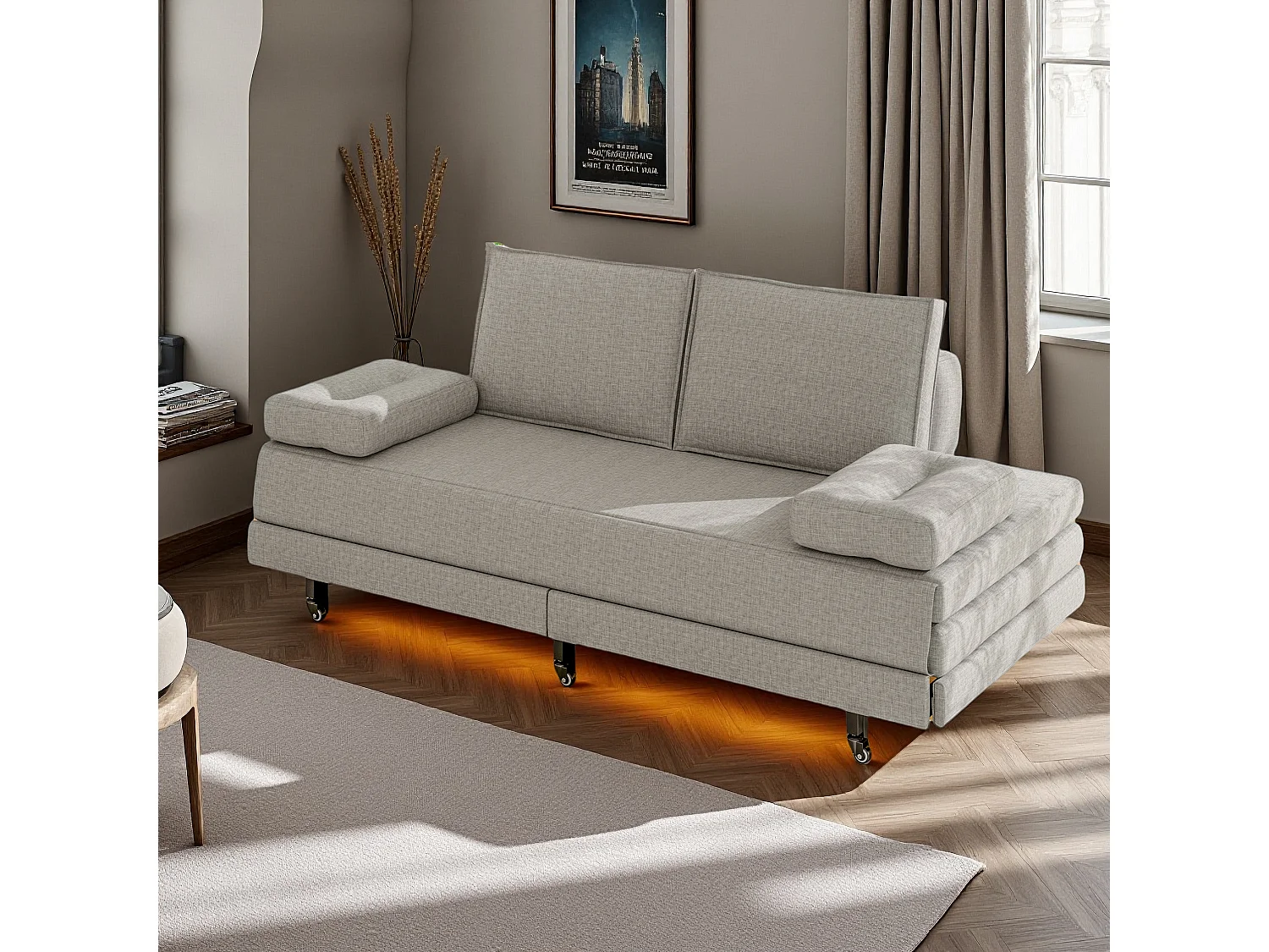 Canapé-lit en tissu gris 90x200 cm, extensible jusqu’à 180x200 cm, pliable et pratique pour gain de place