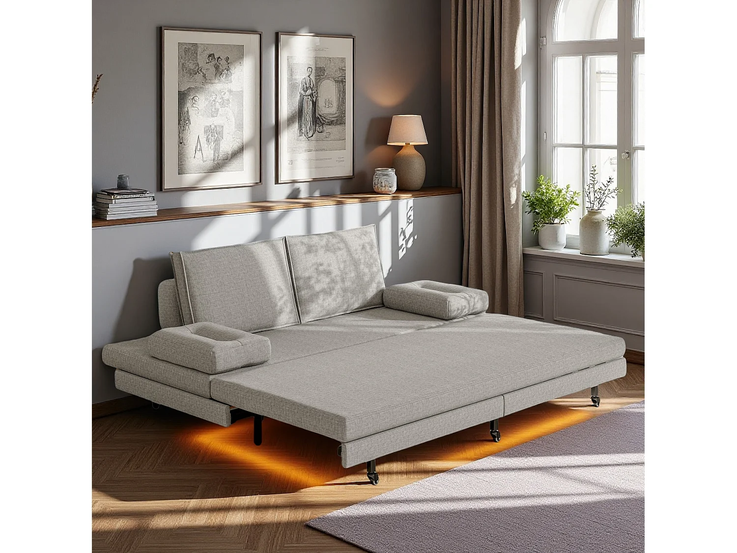 Canapé-lit en tissu gris 90x200 cm, extensible jusqu’à 180x200 cm, pliable et pratique pour gain de place