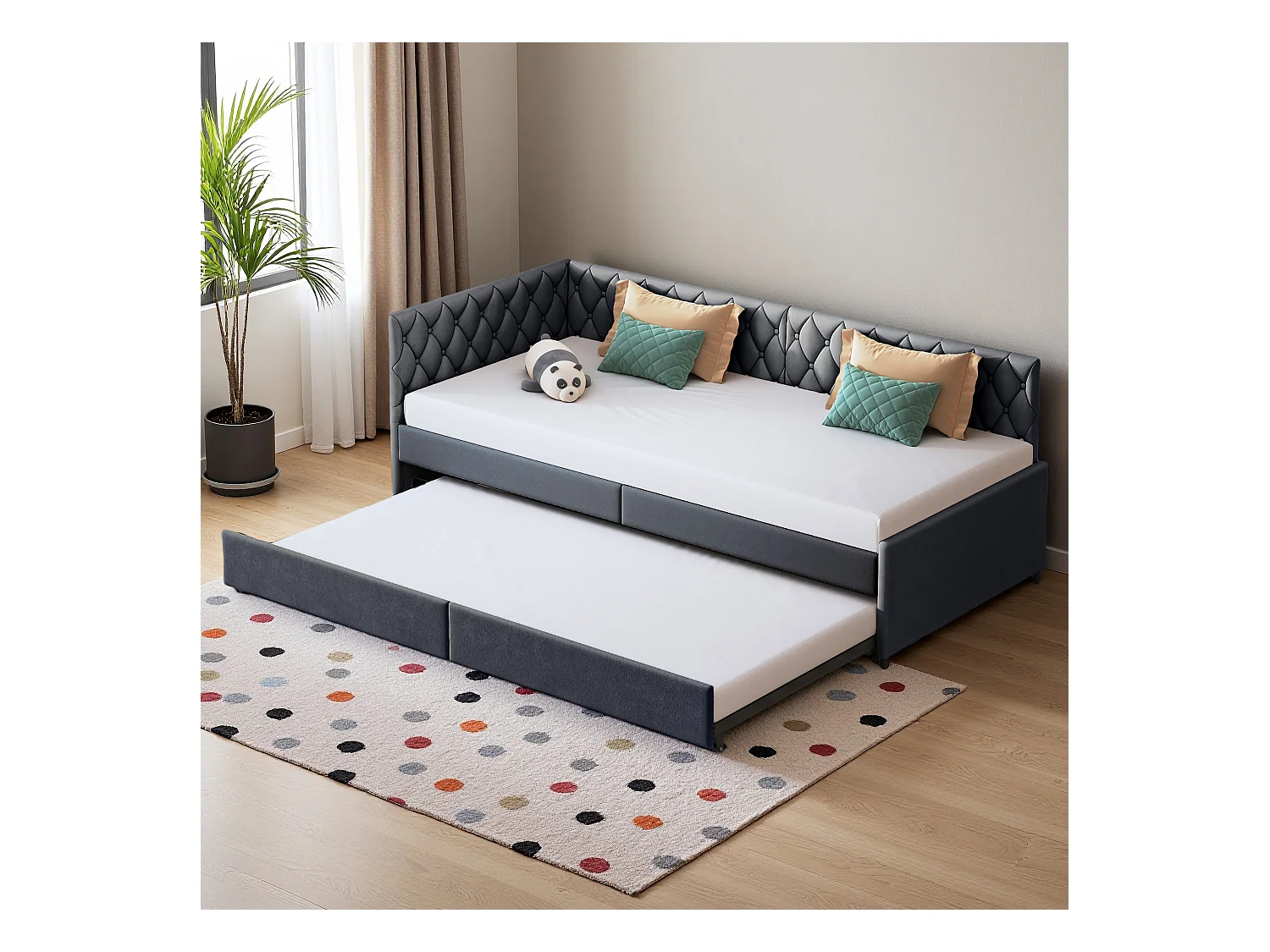 Sofá cama extensible de 90 x 200 cm en terciopelo gris, convertible en cama doble, cómodo y práctico para ahorrar espacio.