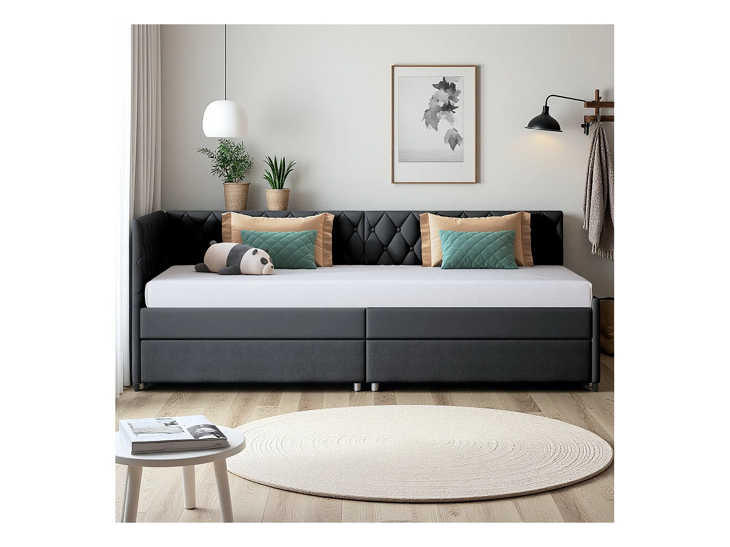Sofá cama extensible de 90 x 200 cm en terciopelo gris, convertible en cama doble, cómodo y práctico para ahorrar espacio.