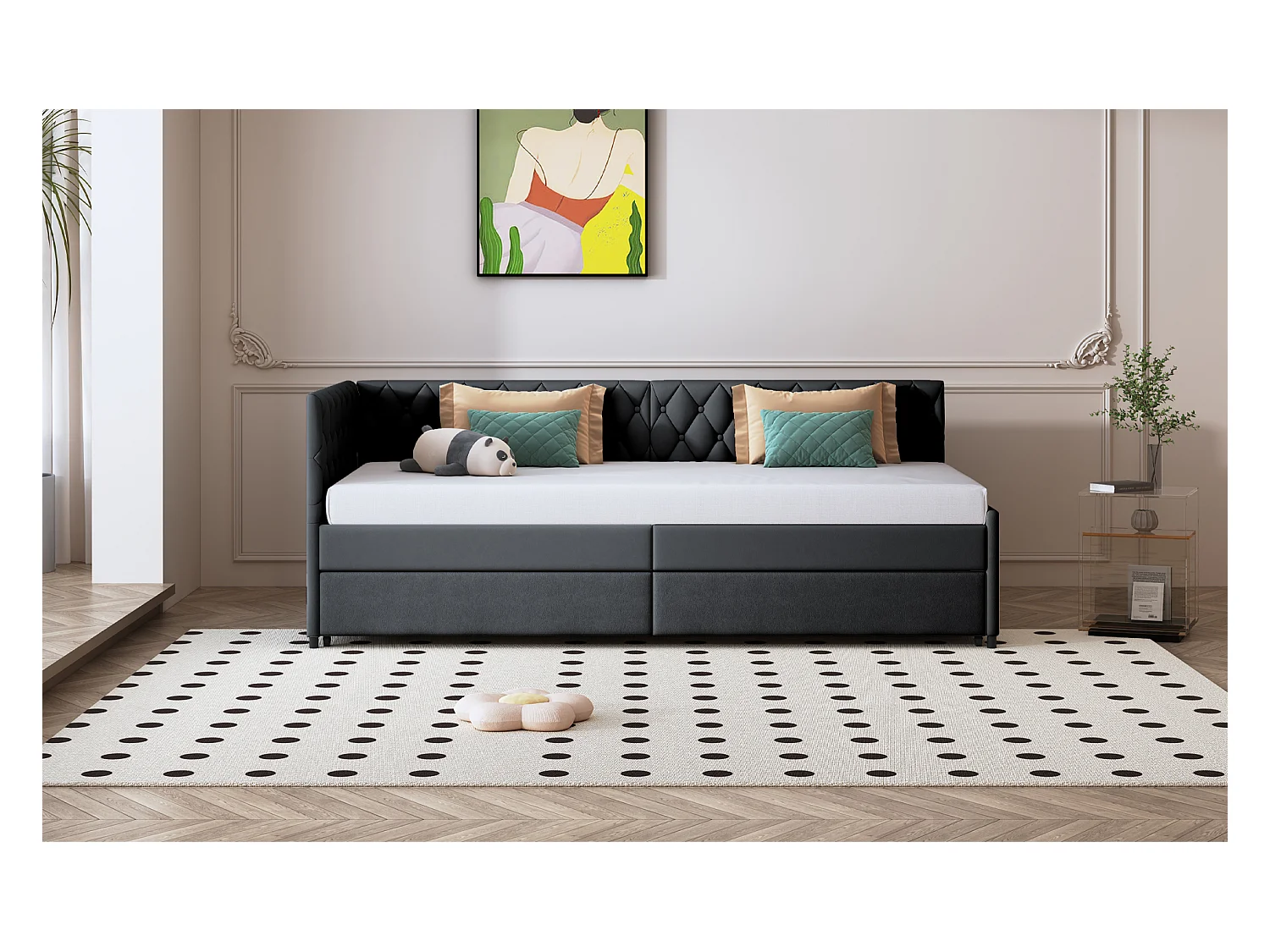 Sofá cama extensible de 90 x 200 cm en terciopelo gris, convertible en cama doble, cómodo y práctico para ahorrar espacio.