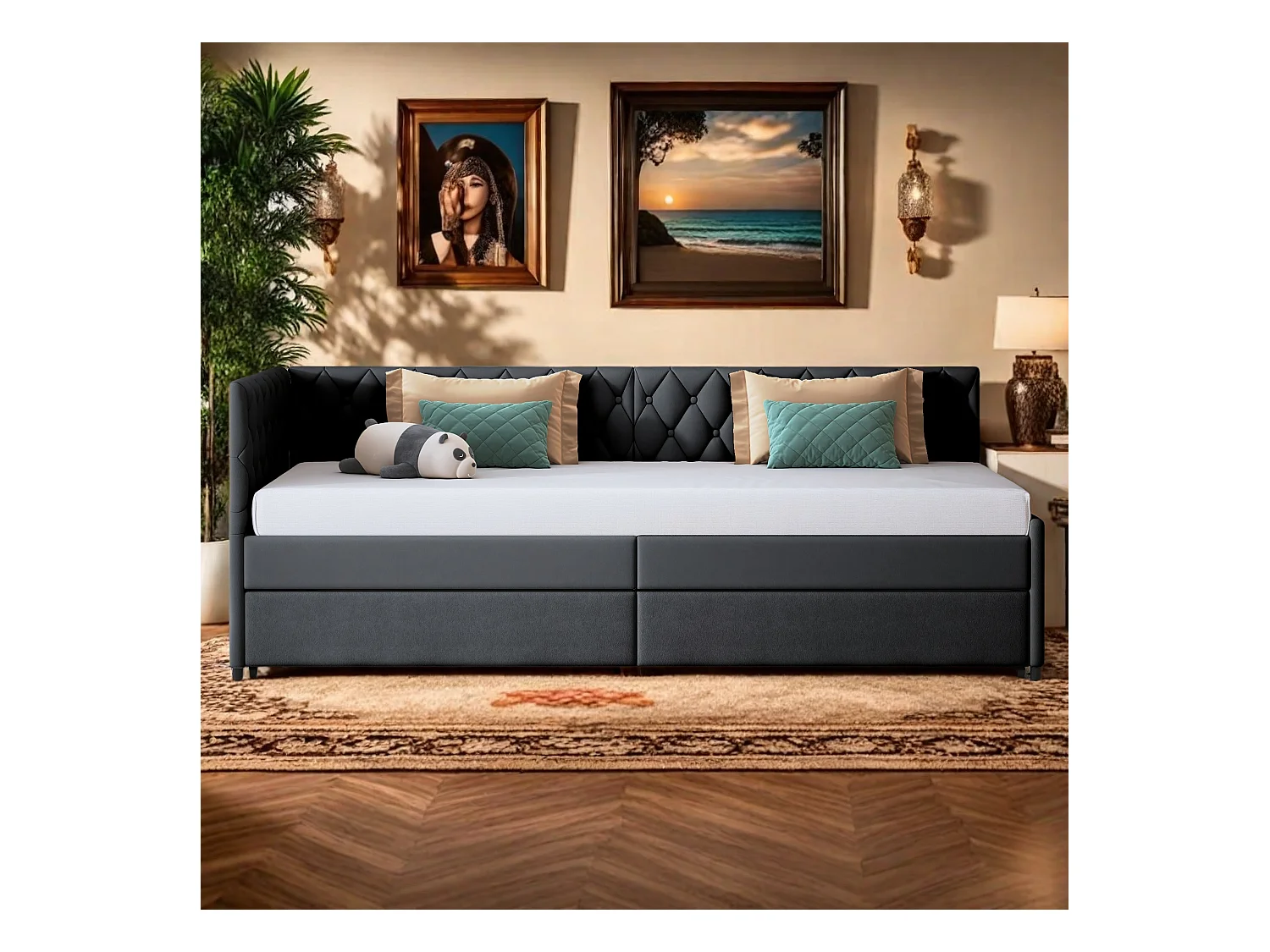 Sofá cama extensible de 90 x 200 cm en terciopelo gris, convertible en cama doble, cómodo y práctico para ahorrar espacio.