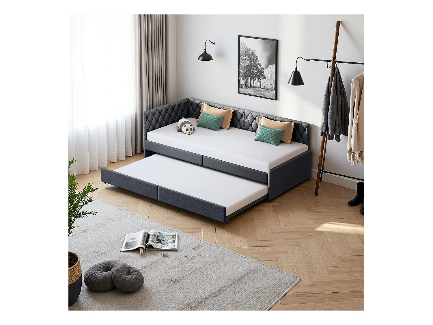 Canapé-lit extensible 90x200 cm en velours gris, convertible en lit double, confortable et pratique pour gain de place