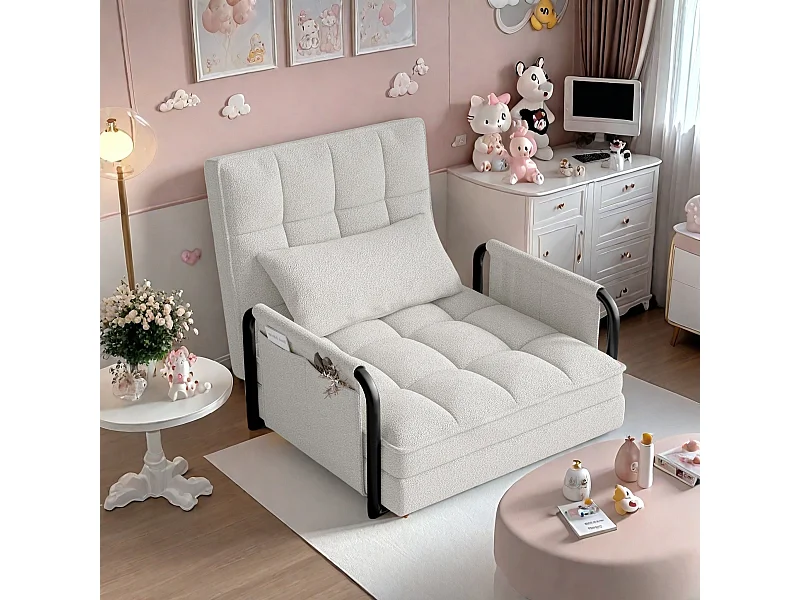 Sofá cama ajustable de 5 posiciones en tela de felpa blanca, convertible en sofá cama con bolsillos laterales