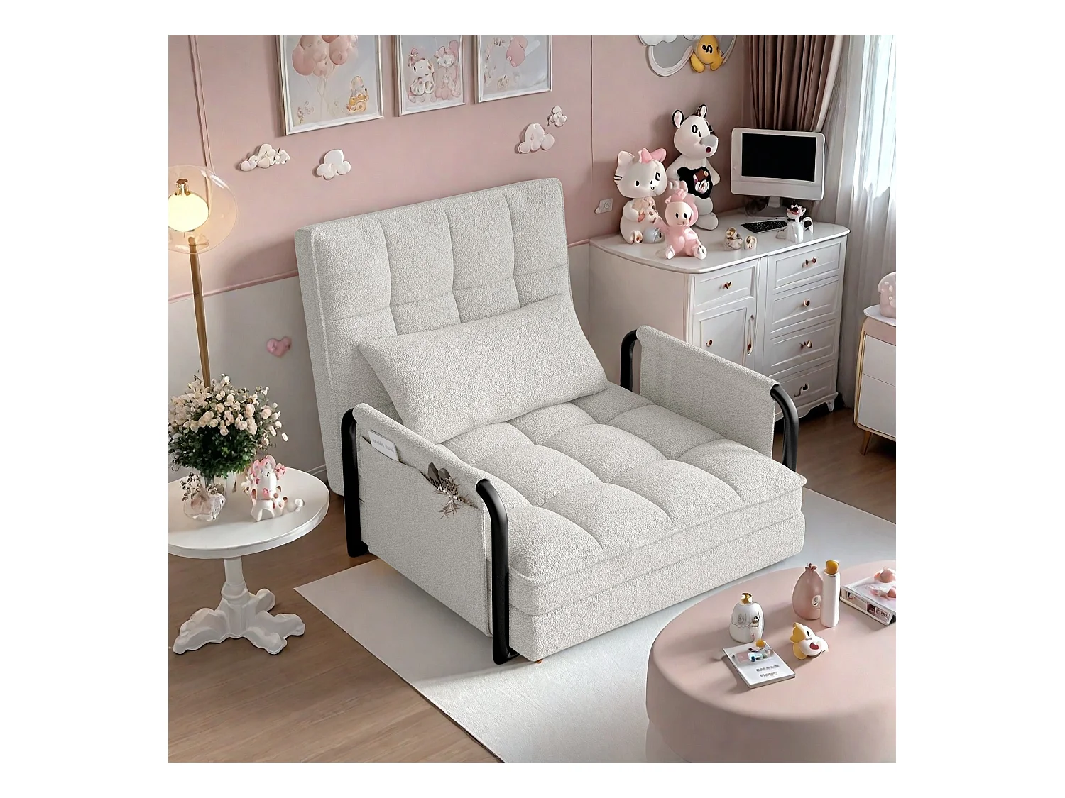 5-voudig verstelbare slaapbank in witte pluche stof, omvormbare slaapbank met opbergvakken aan de zijkant