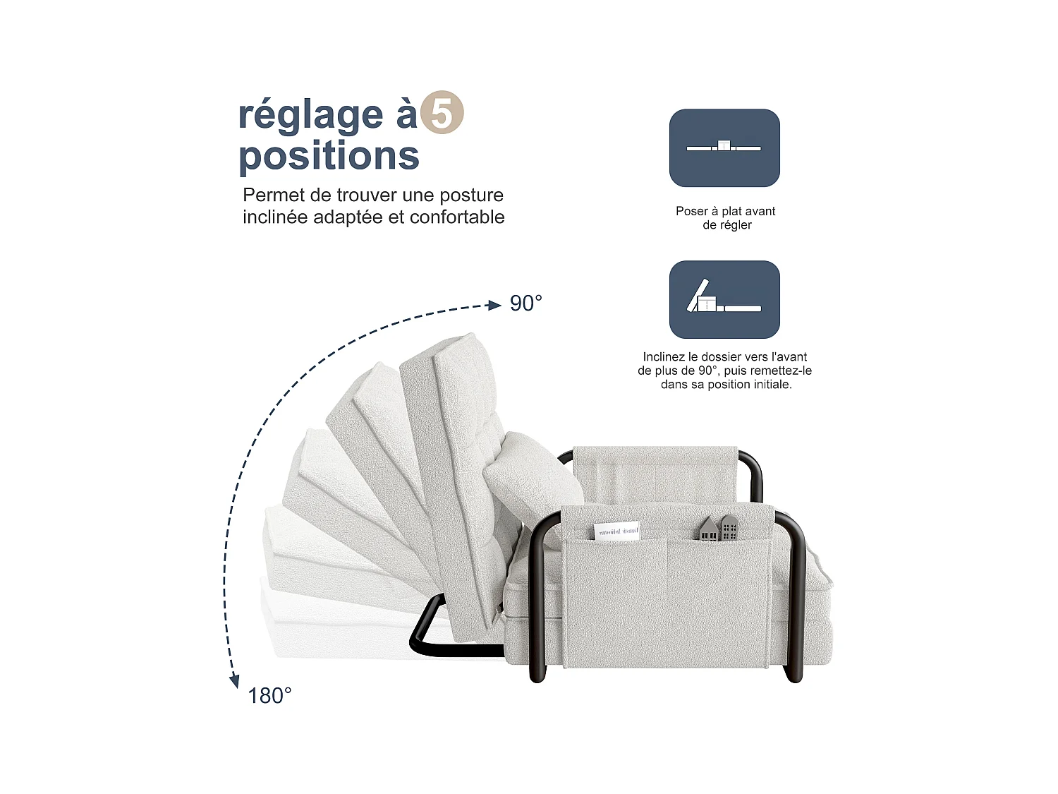 5-voudig verstelbare slaapbank in witte pluche stof, omvormbare slaapbank met opbergvakken aan de zijkant