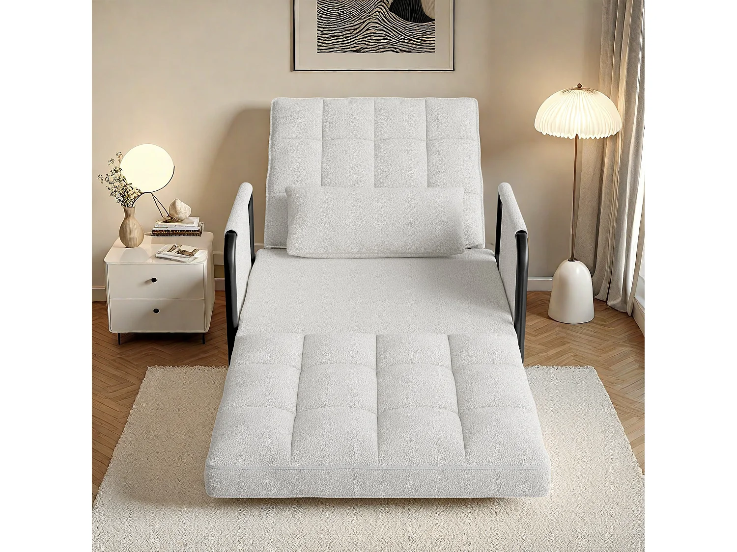 Canapé-lit réglable 5 positions en tissu peluche blanc, convertible sofa/bed avec poches de rangement latérales