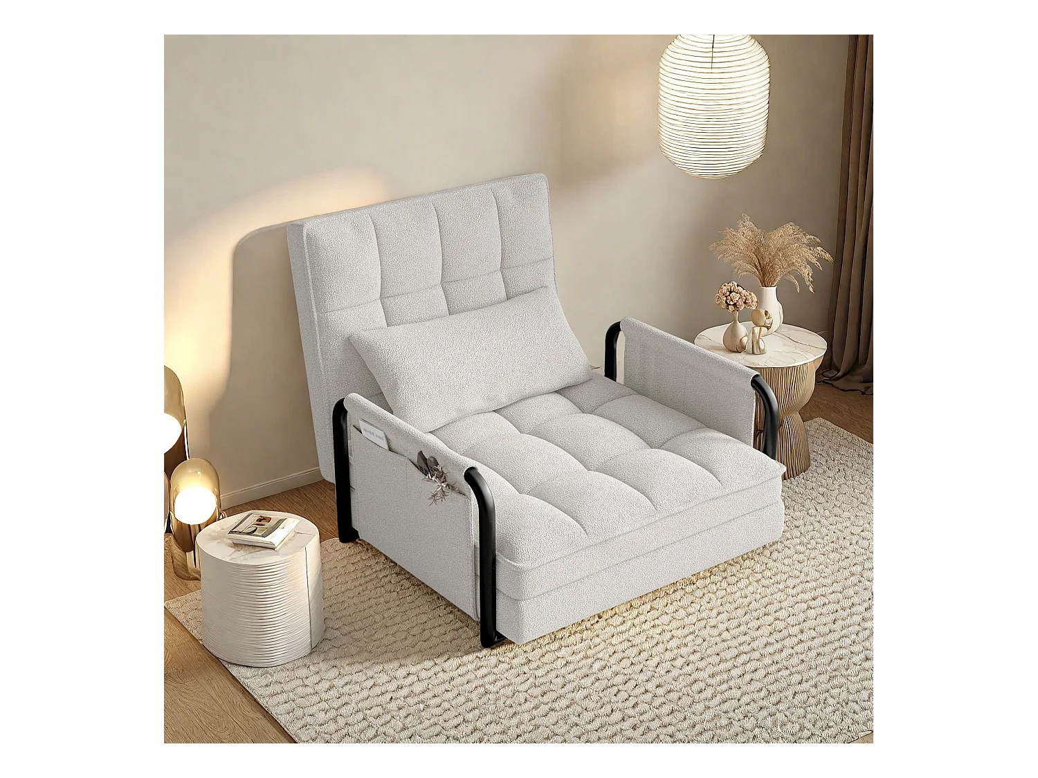 Canapé-lit réglable 5 positions en tissu peluche blanc, convertible sofa/bed avec poches de rangement latérales