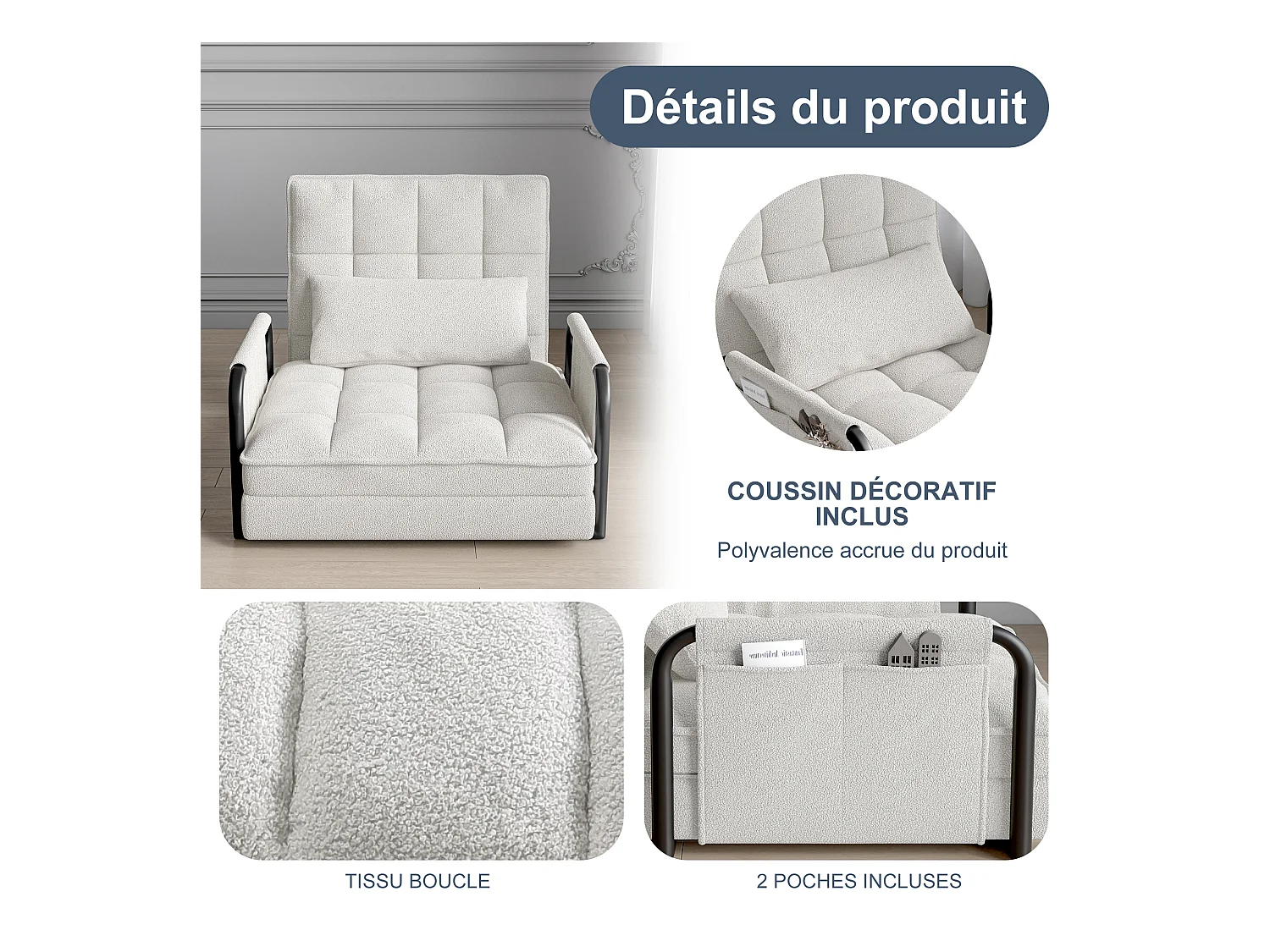 Canapé-lit réglable 5 positions en tissu peluche blanc, convertible sofa/bed avec poches de rangement latérales