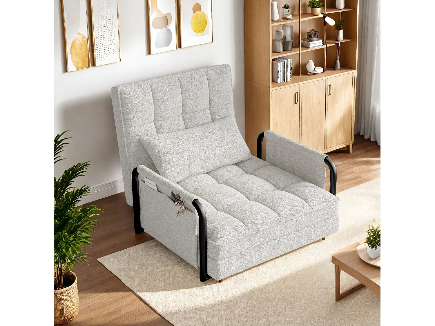 Canapé-lit réglable 5 positions en tissu peluche blanc, convertible sofa/bed avec poches de rangement latérales