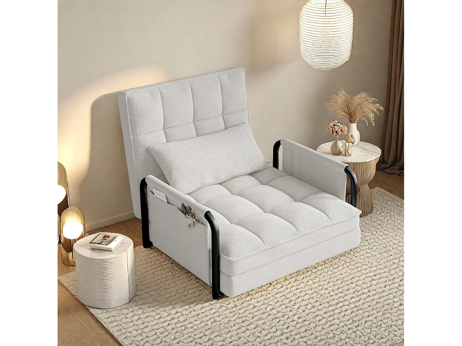 Sofá-cama ajustável em 5 posições em tecido branco, sofá-cama conversível com compartimentos de armazenamento laterais