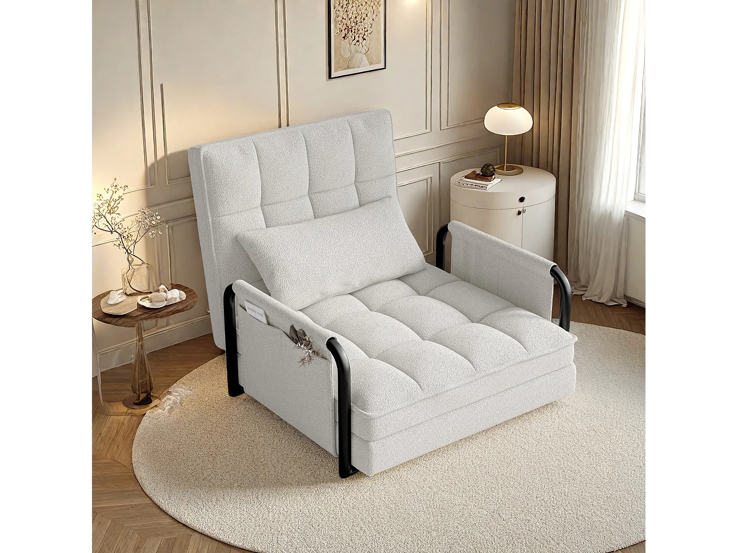 Sofá-cama ajustável em 5 posições em tecido branco, sofá-cama conversível com compartimentos de armazenamento laterais